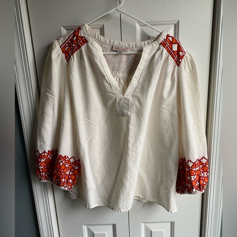 Knox Rose Cream Peasant Top with Orange Embroidered Accents